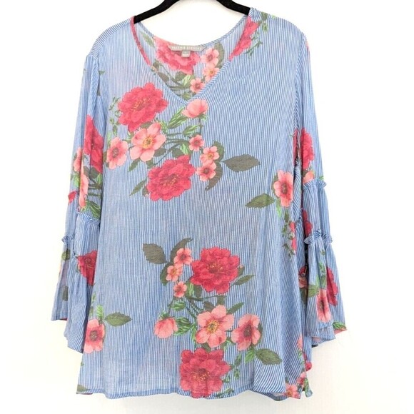 Valerie Stevens Tops - Valerie Stevens Blouse Womens Size L Blue Floral Striped Flowy Boho‎ Hippie Top